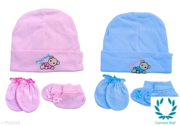 Baby Unisex Mitten Cotton Cap and Booty Set  - Free Size, Pink,Blue, Cotton, Mitten Cap &Booty Set, Multipack:2